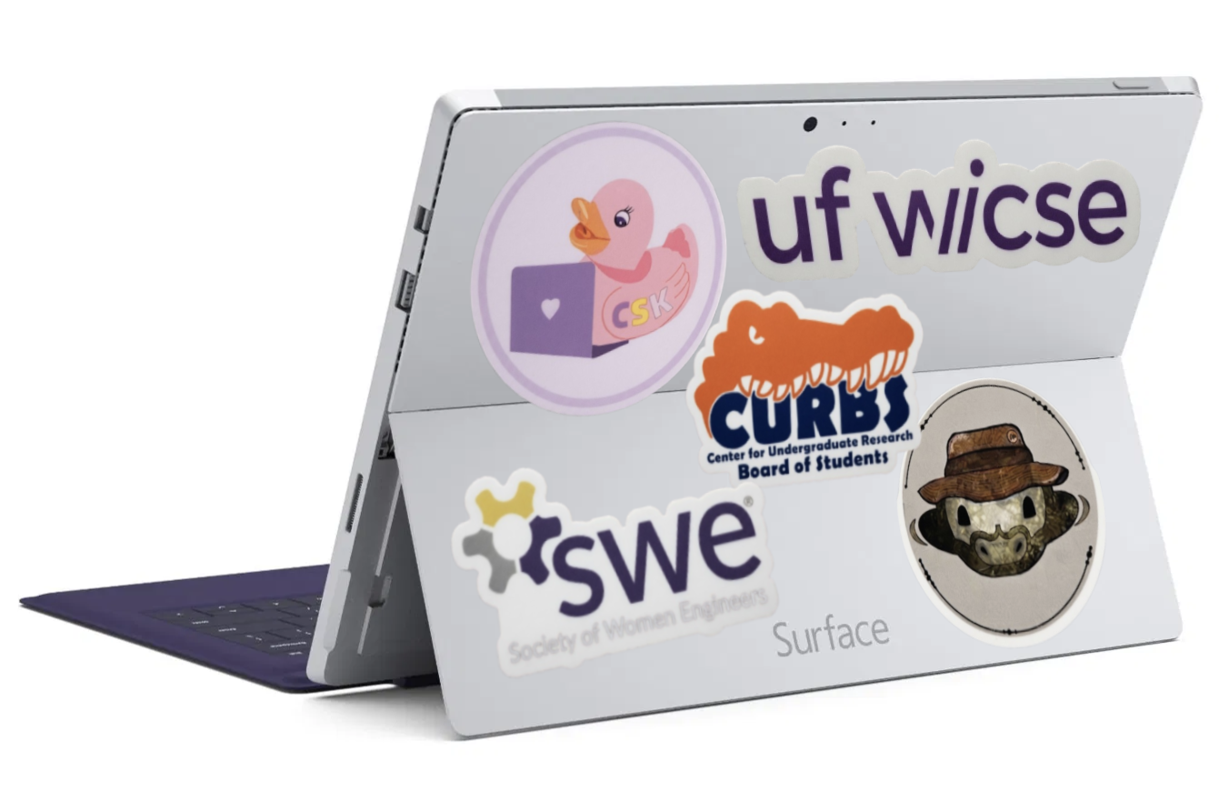 laptop with leadership org stickers